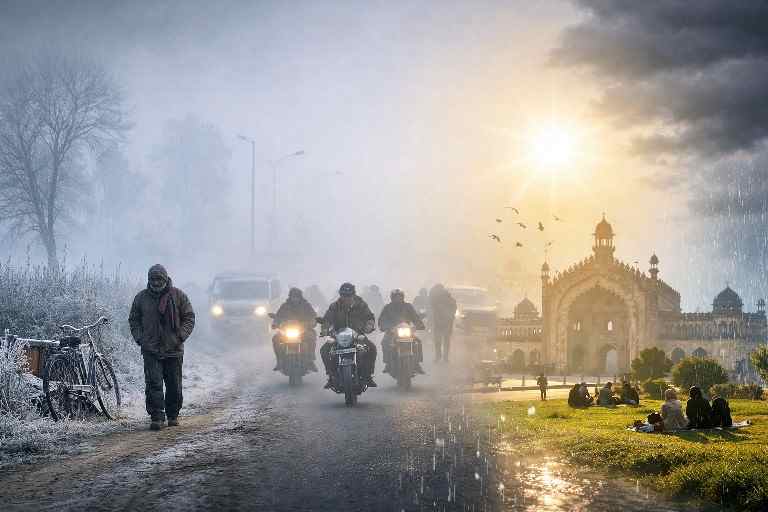 उत्तर प्रदेश में शीतलहर के बीच ठंड और कोहरे से ढका दृश्य, मुजफ्फरनगर में कड़ाके की ठंड और लखनऊ में धूप।