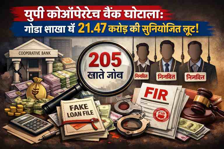 यूपी कोऑपरेटिव बैंक घोटाला—गोंडा शाखा में फर्जी ऋणों के जरिए 21.47 करोड़ रुपये की अनियमितता, 205 खातों की जांच और चार अधिकारी निलंबित।
