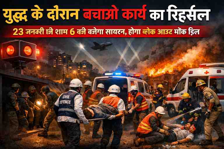 युद्ध के दौरान बचाओ कार्य का रिहर्सल, हरदोई में 23 जनवरी को ब्लैक आउट मॉक ड्रिल के दौरान सायरन, राहत और बचाव अभ्यास करते नागरिक सुरक्षा व प्रशासन