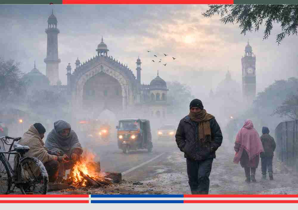 उत्तर प्रदेश में घने कोहरे और बर्फीली हवाओं के बीच सर्दी से जूझते लोग, लखनऊ में ठंड और शीतलहर का असर।