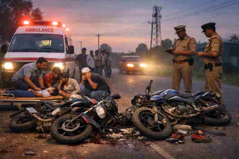 सीतापुर सड़क हादसा में सिधौली–बिसवां रोड पर आमने-सामने बाइक टक्कर के बाद सड़क पर गिरी क्षतिग्रस्त मोटरसाइकिलें और राहत कार्य का सांकेतिक दृश्य।