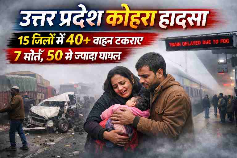 उत्तर प्रदेश में घने कोहरे के कारण हाईवे पर कई वाहनों की टक्कर, दुर्घटनास्थल पर क्षतिग्रस्त गाड़ियां और रेलवे स्टेशन पर ट्रेन देरी से इंतजार करते यात्री।