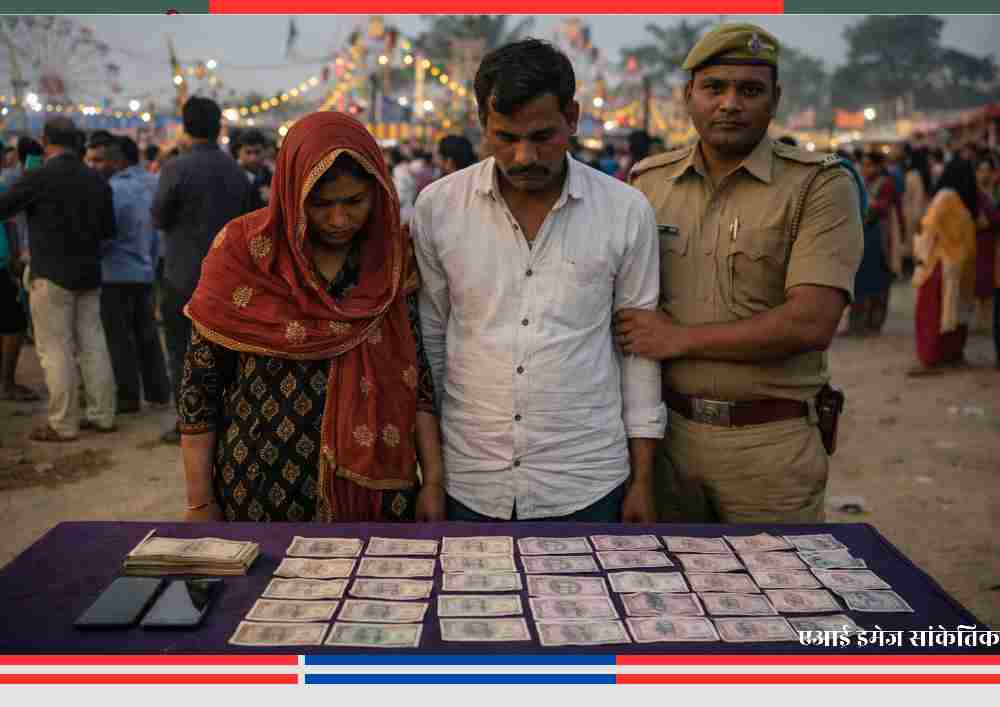 सीतापुर के गुलजारशाह मेले में पुलिस द्वारा नकली नोटों के साथ गिरफ्तार किए गए पुरुष और महिला आरोपी तथा मौके पर मौजूद पुलिसकर्मी।