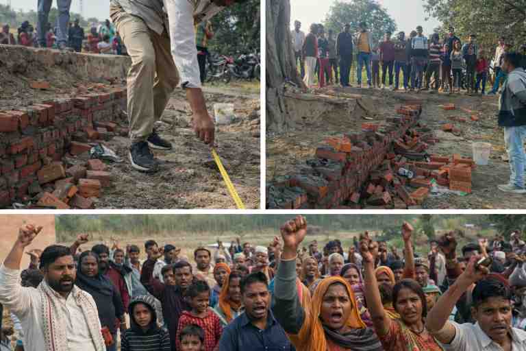 सीतापुर के उधवापुर गांव में निर्माणाधीन बरमबाबा चबूतरे की क्षतिग्रस्त नींव, पैमाइश करते अधिकारी और विरोध में खड़े ग्रामीणों का कोलाज दृश्य।
