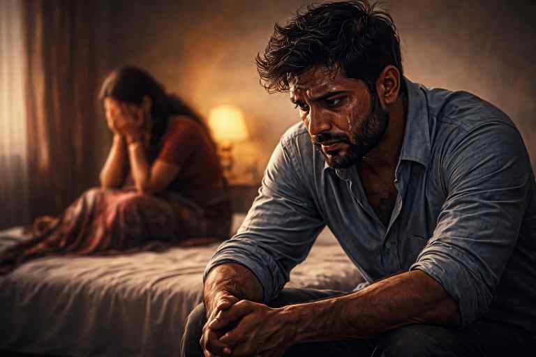 मर्दानगी की सामाजिक जकड़न में भावनात्मक पीड़ा झेलता एक पुरुष, जो अपने दर्द को छिपाने को मजबूर है।