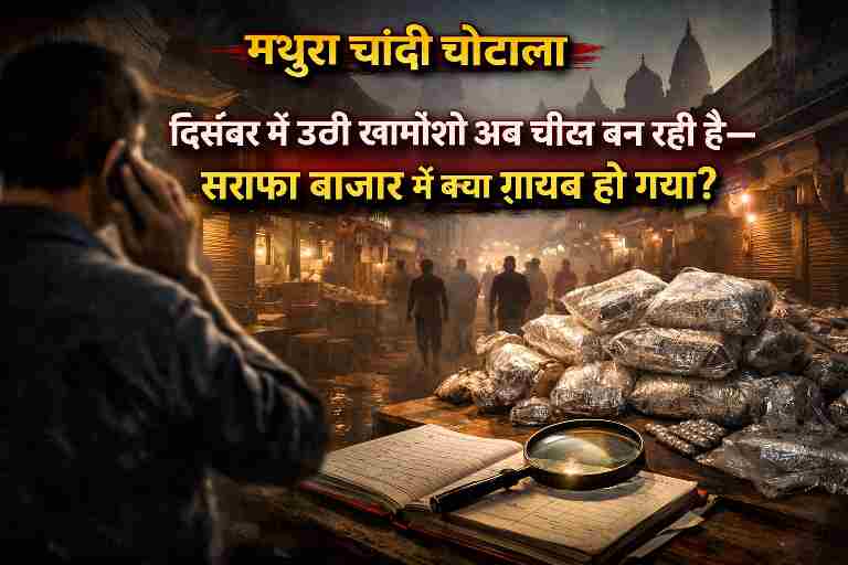 मथुरा चांदी घोटाला में सराफा बाजार, बंद दुकानें और चांदी कारोबार से जुड़ा रहस्य दर्शाती सांकेतिक फीचर इमेज।