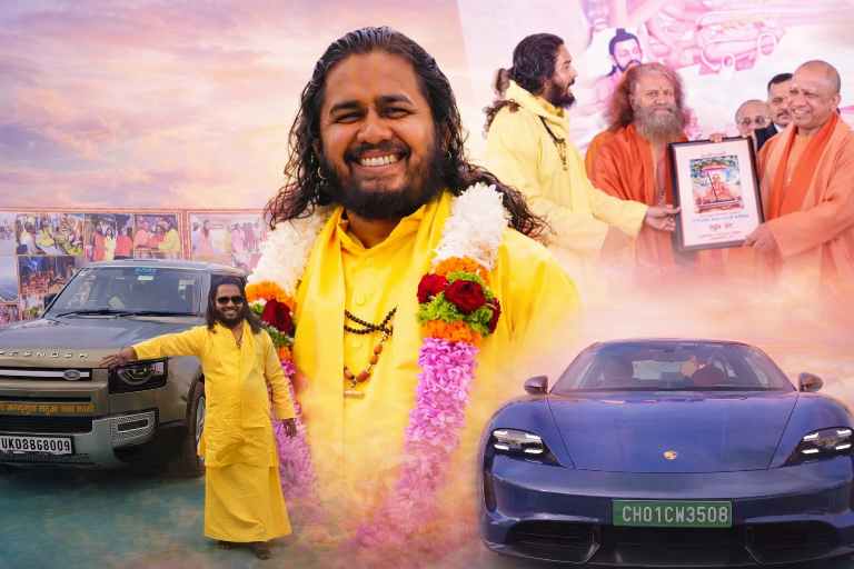 माघ मेले में सतुआ बाबा अपनी लैंड रोवर डिफेंडर और पोर्श कार के साथ, संतों और राजनीतिक हस्तियों के बीच।