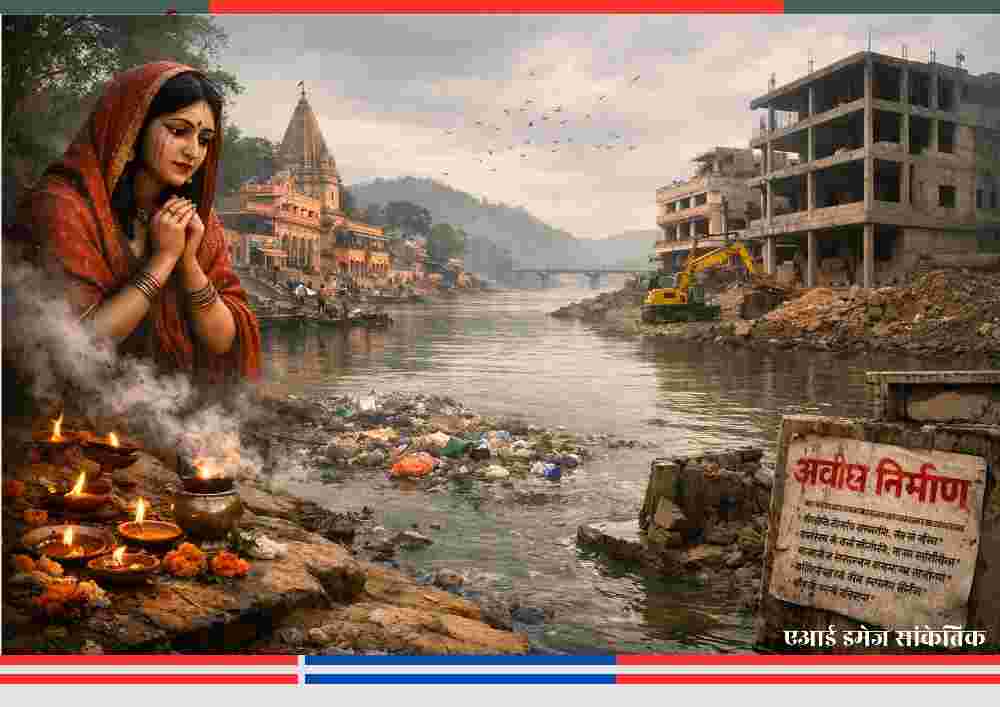 चित्रकूट में मंदाकिनी नदी के तट पर अवैध निर्माण और अतिक्रमण, आस्था और पर्यावरण के बीच टकराव का दृश्य।