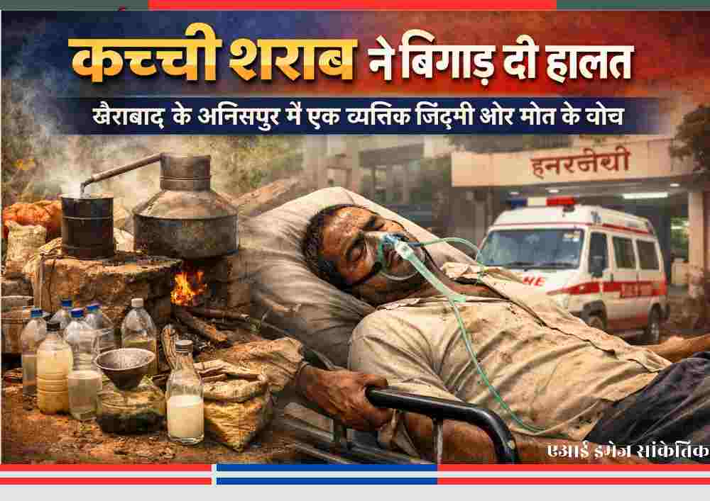 कच्ची शराब पीने से बीमार व्यक्ति को अस्पताल ले जाते परिजन, खैराबाद के अनिसपुर गांव की घटना।