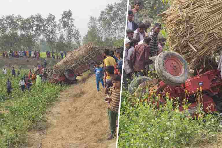 सीतापुर के अटरिया क्षेत्र के कोदरिया गांव में गन्ना लदा ट्रैक्टर पलटने से किसान की मौत का दृश्य।