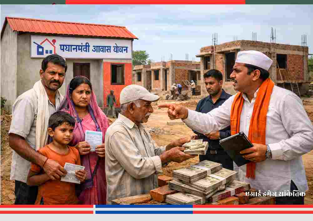 प्रधानमंत्री आवास योजना के तहत पहली किस्त मिलने के बाद गरीब लाभार्थियों से अवैध वसूली का आरोप, निर्माणाधीन आवास कॉलोनी का दृष्य।