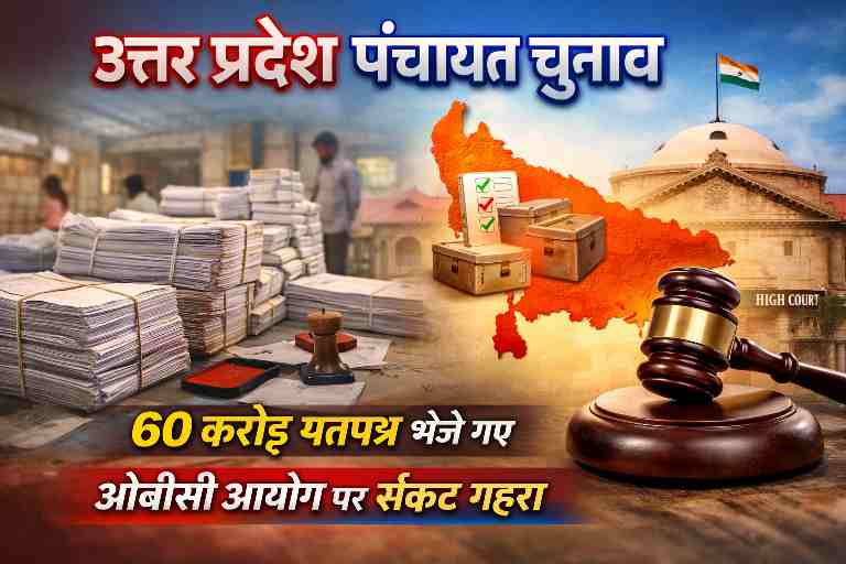 उत्तर प्रदेश पंचायत चुनाव को लेकर मतपत्रों की तैयारी और ओबीसी आयोग से जुड़ा कानूनी संकट दर्शाती प्रतीकात्मक तस्वीर।