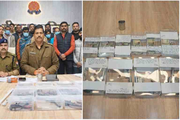 तालगांव डकैती कांड का खुलासा करते सीतापुर पुलिस अधिकारी, गिरफ्तार आरोपी और बरामद नकदी व हथियारों का संयुक्त दृश्य