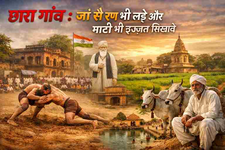 हरियाणा के छारा गांव का सांकेतिक दृश्य, जिसमें अखाड़ा संस्कृति, ग्रामीण जीवन, गौ-पालन, ऐतिहासिक स्मृति और स्वाभिमान की परंपरा झलकती है