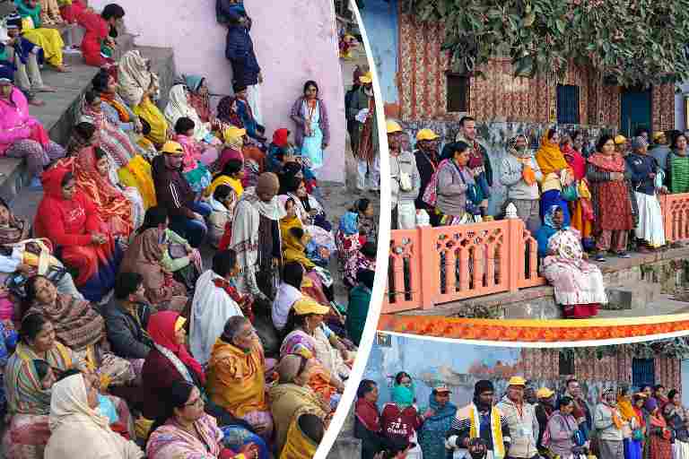 कामवन में ब्रज 84 कोस यात्रा के दौरान संकीर्तन और दर्शन के लिए एकत्र विदेशी व भारतीय श्रद्धालु