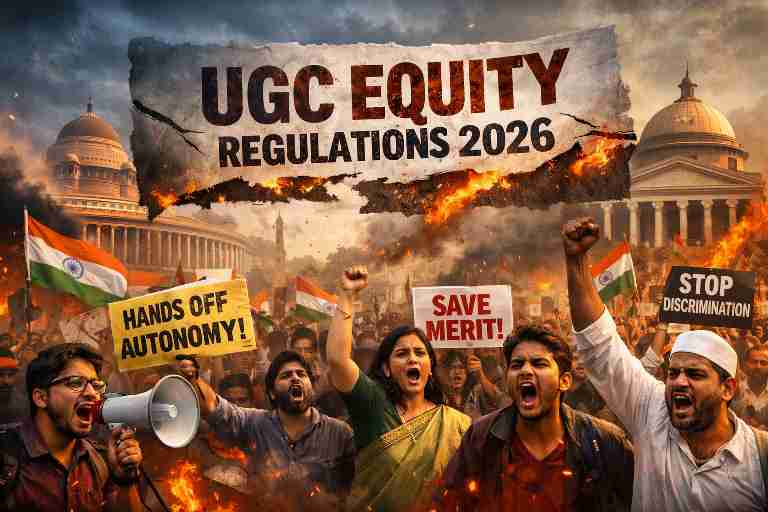 UGC Equity Regulations 2026 के विरोध में संसद पृष्ठभूमि के साथ प्रदर्शन करते छात्र और सामाजिक संगठन