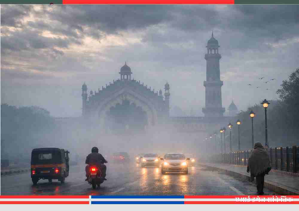 कोहरे और बादलों के बीच उत्तर प्रदेश में सर्द मौसम के दौरान सड़क पर धीमी रफ्तार से चलते वाहन और लोग