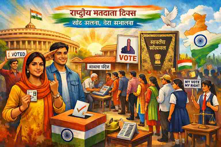 राष्ट्रीय मतदाता दिवस के अवसर पर मतदान करते नागरिकों और लोकतांत्रिक जागरूकता को दर्शाती सांकेतिक लैंडस्केप तस्वीर