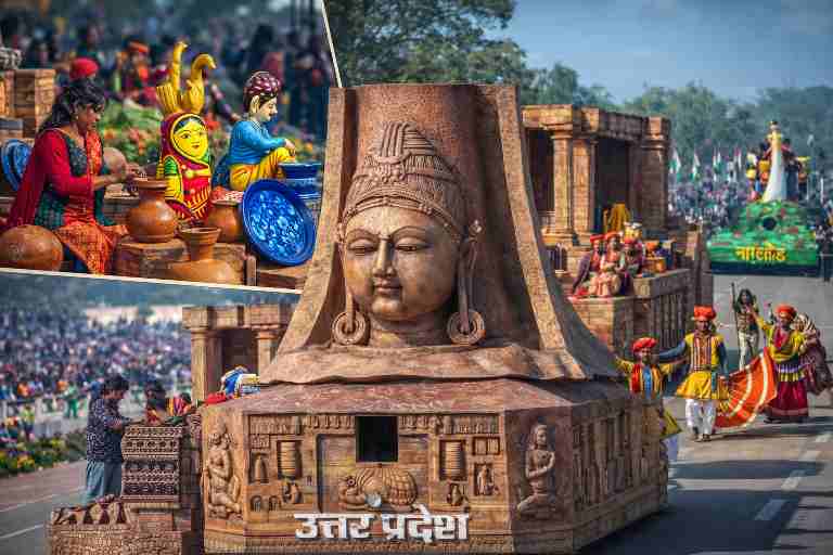 कर्तव्य पथ पर गणतंत्र दिवस परेड में उत्तर प्रदेश की झांकी, जिसमें कालिंजर किला, एकमुखी शिवलिंग, बुंदेलखंड की शिल्पकला और लोकसंस्कृति का भव्य प्रदर्शन