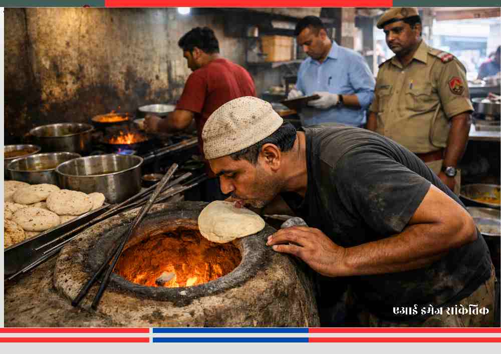 हाथरस में होटल के तंदूर पर रोटी बनाते समय खाद्य सुरक्षा नियमों के उल्लंघन का प्रतीकात्मक दृश्य