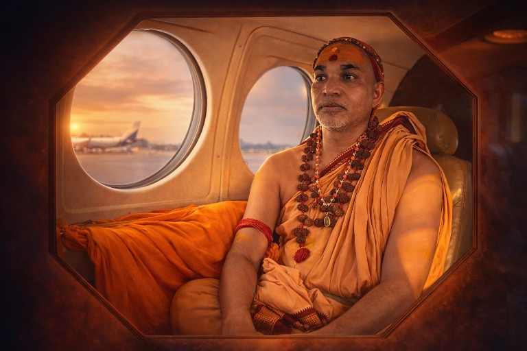 प्रयागराज जाते समय विमान के भीतर बैठे शंकराचार्य स्वामी अविमुक्तेश्वरानंद, विवाद के बीच शांत मुद्रा में