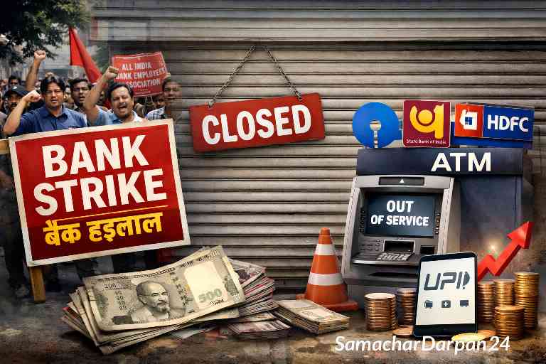 Bank Holiday के बीच देशव्यापी बैंक हड़ताल, बंद ATM और प्रभावित सरकारी बैंक सेवाओं को दर्शाती प्रतीकात्मक तस्वीर