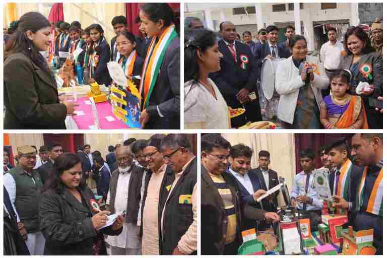गणतंत्र दिवस पर जी एम एकेडमी सलेमपुर में आयोजित नोवा विस्टा 2026 विज्ञान प्रदर्शनी में छात्र-छात्राओं के मॉडल देखते और उनका मूल्यांकन करते प्रशासनिक व शिक्षाविद अतिथि