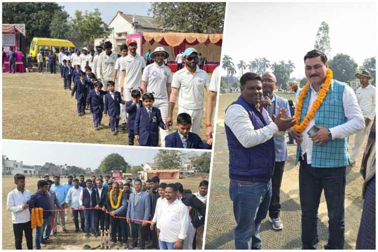 मालवीय चैलेंज कप क्रिकेट टूर्नामेंट के उद्घाटन अवसर पर खिलाड़ियों की परेड, फीता काटते मुख्य अतिथि और सम्मान समारोह का दृश्य