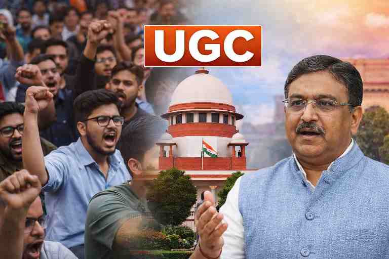 यूजीसी के नए नियमों के विरोध में छात्र प्रदर्शन, सुप्रीम कोर्ट भवन और शिक्षा मंत्री की प्रतिक्रिया को दर्शाती सांकेतिक तस्वीर