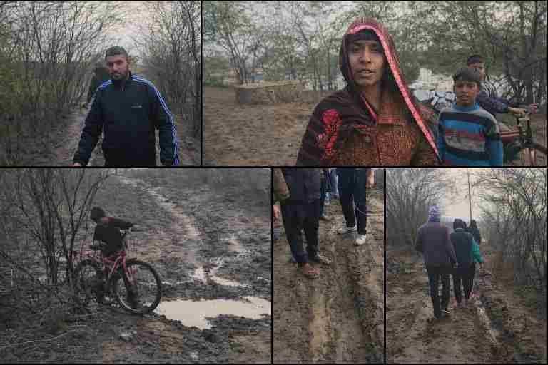 नगला खोह गांव में कीचड़ और गड्ढों से भरे खराब रास्तों पर चलते ग्रामीण, बच्चों और महिलाओं को आवागमन में हो रही भारी परेशानी की तस्वीर