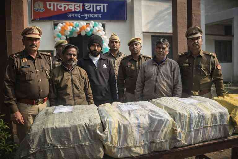 मुरादाबाद में मेरठ एसटीएफ और पाकबड़ा पुलिस द्वारा ओडिशा से लाए गए ट्रक से 113 क्विंटल गांजा बरामद करते अधिकारी और गिरफ्तार तस्कर