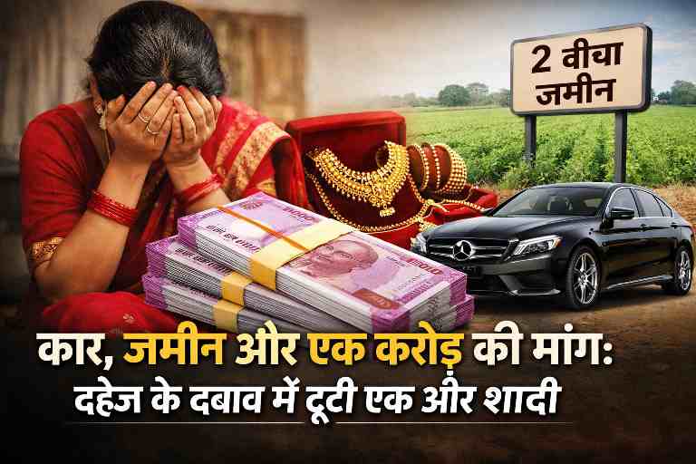 इटावा दहेज उत्पीड़न मामले की सांकेतिक तस्वीर, जिसमें एक महिला दहेज की मांग, नकदी, कार और जमीन के दबाव में मानसिक पीड़ा झेलती दिखाई दे रही है