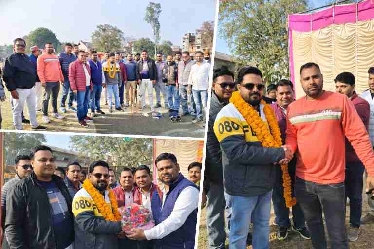 मालवीय चैलेंज कप चौथे मैच के दौरान भाटपार रानी में आजमगढ़ टीम के खिलाड़ियों और आयोजकों का सम्मान करते अतिथि