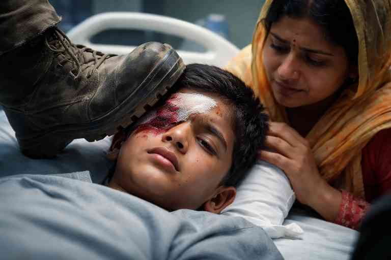 स्कूल में जूते की हील से छात्र की आंख पर हमले के बाद अस्पताल में भर्ती पीड़ित बच्चा