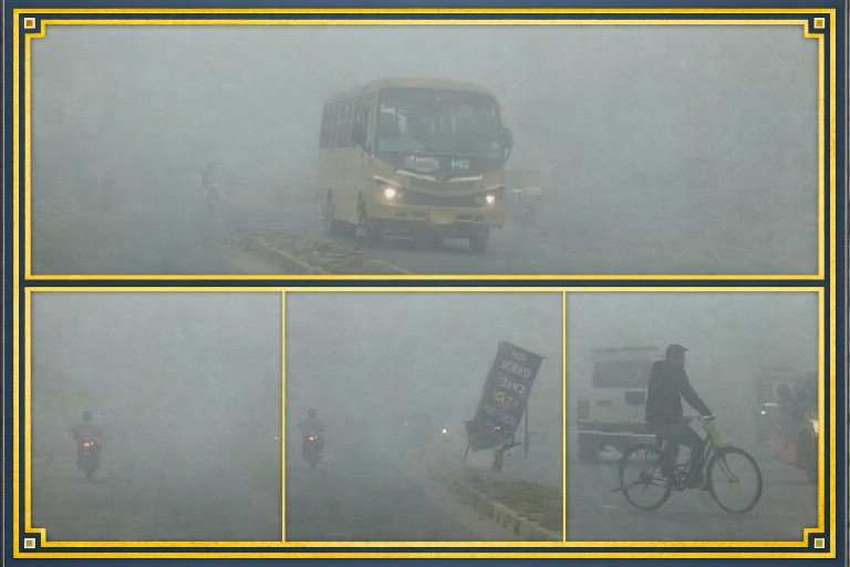 हरदोई में घना कोहरा, 20 मीटर दृश्यता में बस, बाइक और साइकिल सवार शीतलहर के बीच सड़क पर चलते हुए