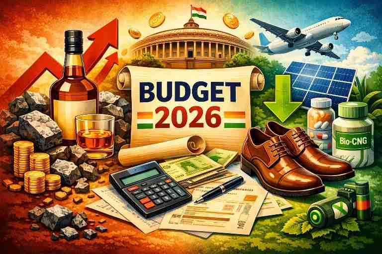 Budget 2026 में शराब महंगी और जूते, दवाएं, सोलर व EV से जुड़ी चीजें सस्ती होने को दर्शाती प्रतीकात्मक फीचर इमेज