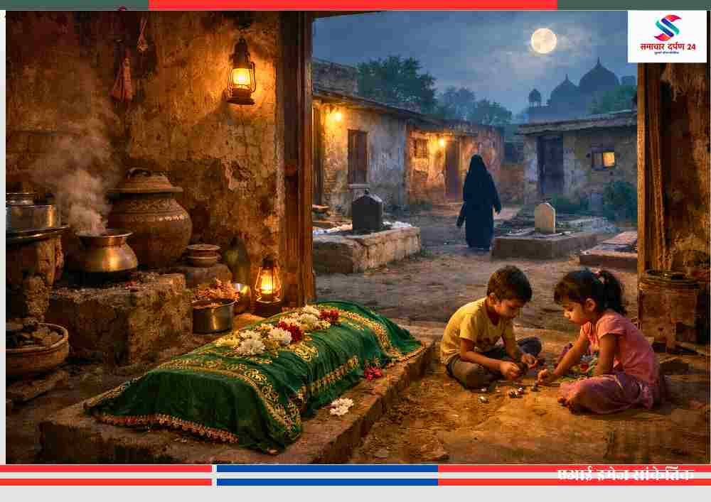 कब्रों वाला गाँव छह पोखर आगरा में घर के अंदर बनी कब्र, पास खेलते बच्चे और ग्रामीण जीवन का दृश्य