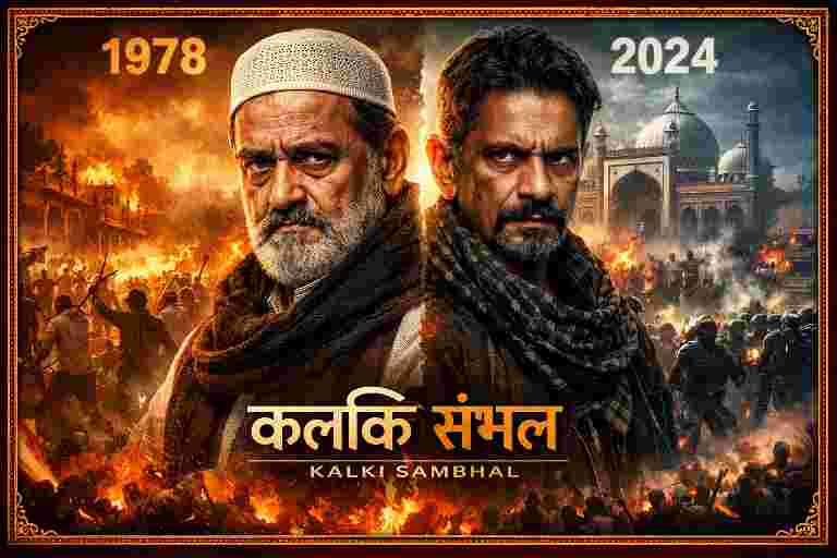 कल्कि संभल फिल्म का विवादित पोस्टर जिसमें 1978 के दंगे और 2024 जामा मस्जिद सर्वे की घटनाओं से जुड़े किरदार अब्बाजान और भाईजान दिखाए गए हैं