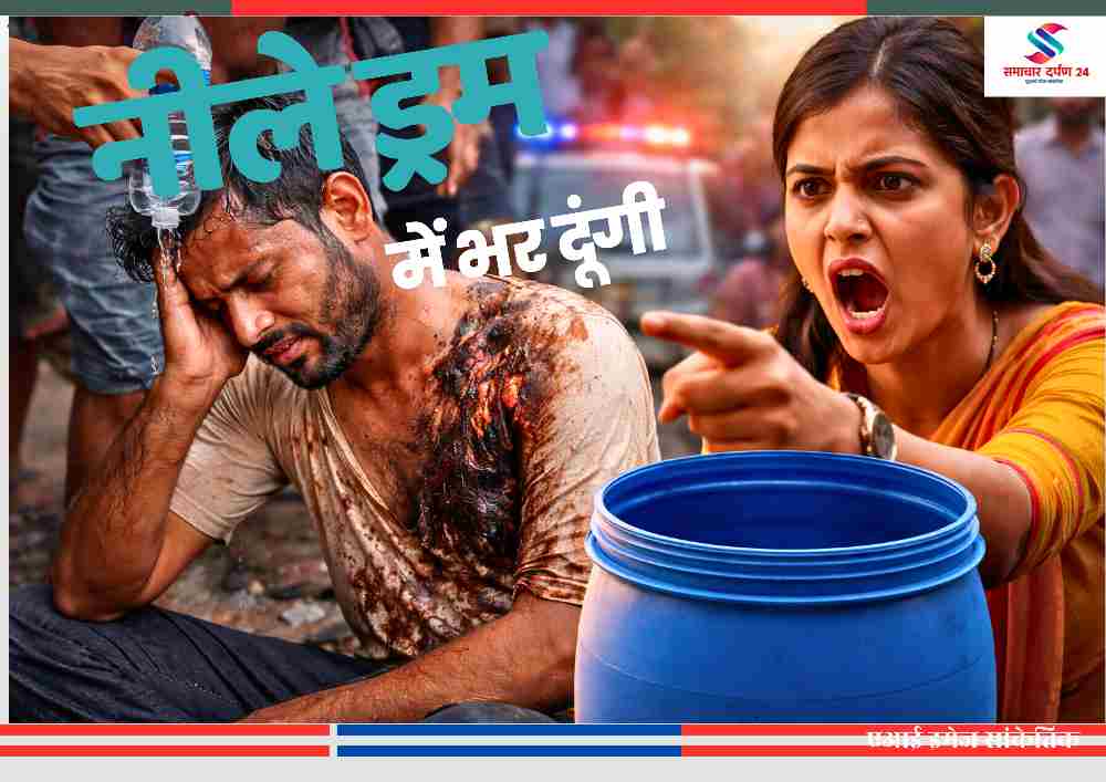 नीले ड्रम में भरने की धमकी से परेशान युवक ने आत्मदाह का प्रयास किया, घरेलू विवाद की प्रतीकात्मक तस्वीर