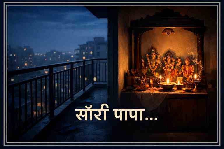 मंदिर वाले कमरे और फ्लैट की बालकनी को दर्शाती संवेदनशील फीचर इमेज, जिस पर सॉरी पापा लिखा है