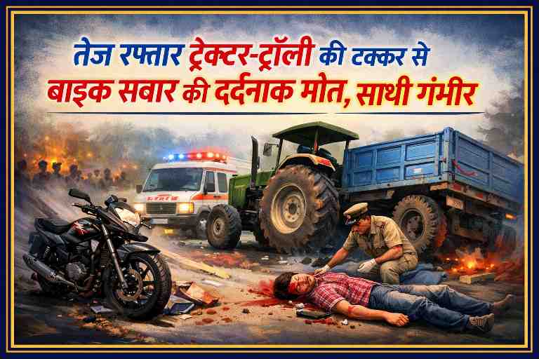 तेज रफ्तार ट्रैक्टर-ट्रॉली की टक्कर से सड़क पर क्षतिग्रस्त बाइक, मौके पर पहुंची पुलिस और घायल युवक की दर्दनाक स्थिति