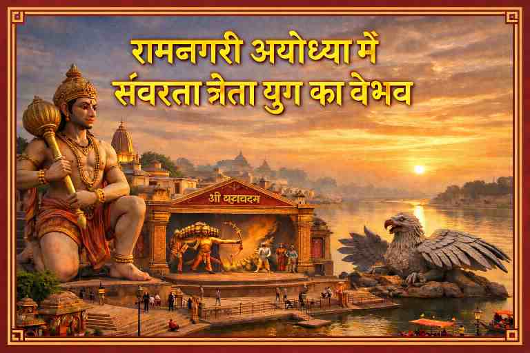 अयोध्या के गुप्तारघाट पर त्रेता युग की थीम में विकसित होता पर्यटन परिसर, ओपन एयर थियेटर, हनुमान और जटायु की भव्य मूर्तियों के साथ