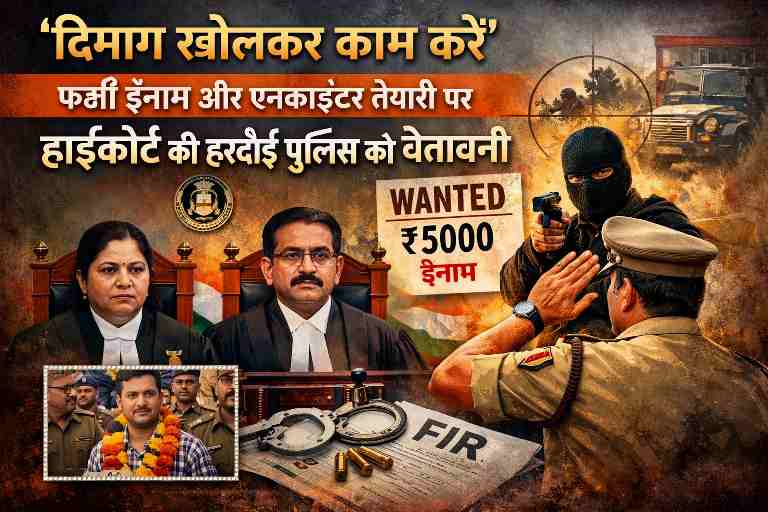 फर्जी ईनाम और एनकाउंटर तैयारी के मामले में हाईकोर्ट की हरदोई पुलिस को चेतावनी दर्शाती फीचर इमेज