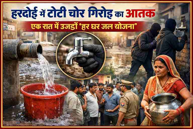 हरदोई के पिहानी कस्बे में टोटी चोर गिरोह द्वारा हर घर जल योजना के नलों की टोटियां चोरी, पानी की बर्बादी और लोगों की परेशानी दर्शाती तस्वीर