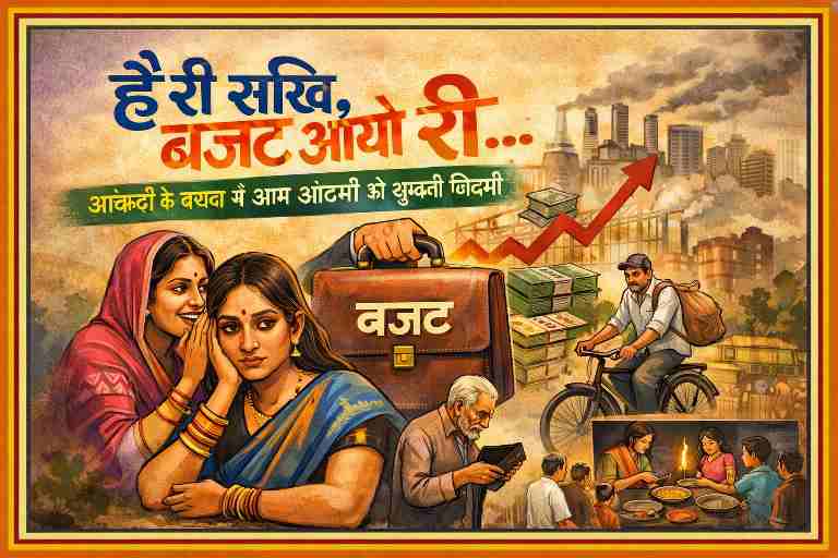 बजट ब्रीफकेस, बढ़ती महंगाई का ग्राफ, चिंतित मध्यम वर्गीय महिला, खाली बटुआ देखता बुजुर्ग और राशन कतार में खड़ा परिवार दर्शाती प्रतीकात्मक बजट व्यंग्यात्मक तस्वीर