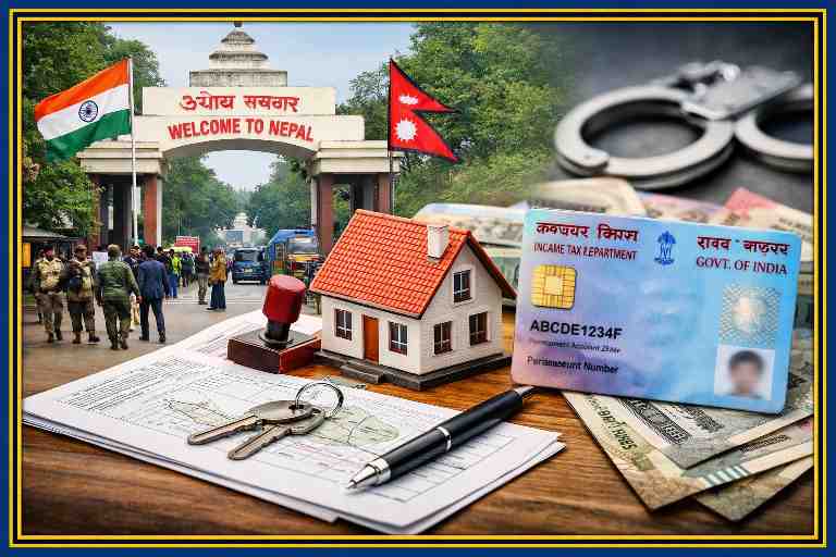 भारत नेपाल सीमा क्षेत्र में जमीन रजिस्ट्री से जुड़ा प्रतीकात्मक दृश्य, पैन कार्ड, घर का मॉडल और दस्तावेज, अब बिना पैन कार्ड रजिस्ट्री नहीं