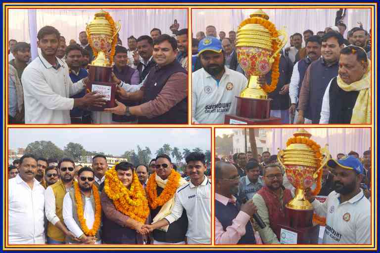 मालवीय चैलेंज कप फाइनल में गोरखपुर टीम को विजेता ट्रॉफी सौंपते अतिथि, खिलाड़ियों और आयोजकों के साथ जीत का जश्न