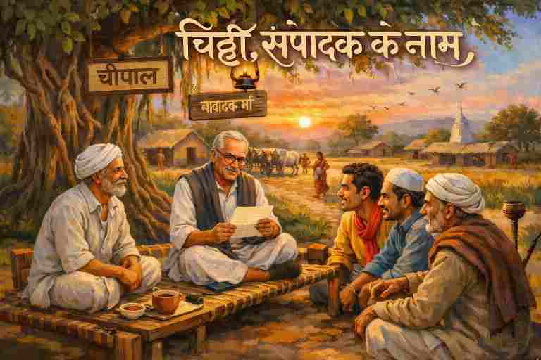 गांव की चौपाल में बैठे बुजुर्ग संपादक को पत्र पढ़ते हुए लोग, साहित्यिक और सामाजिक संवाद का प्रतीक दृश्य