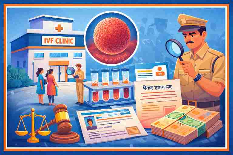 प्रयागराज में गर्भ का सौदा मामले का इलस्ट्रेशन, अवैध IVF एग डोनेशन रैकेट की पुलिस जांच दर्शाता दृश्य