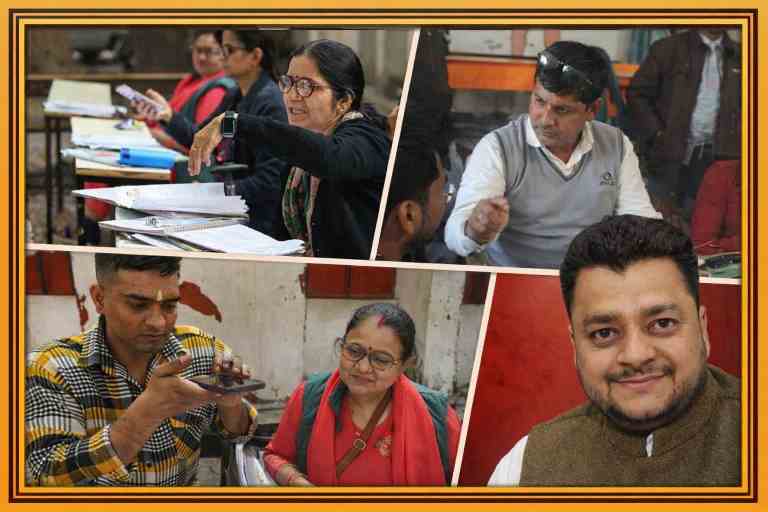 उत्तर प्रदेश में विशेष गहन पुनरीक्षण के दौरान फ़ॉर्म 7 की जांच करते चुनाव कर्मी और मतदाता, दस्तावेज़ों की पड़ताल करते अधिकारी